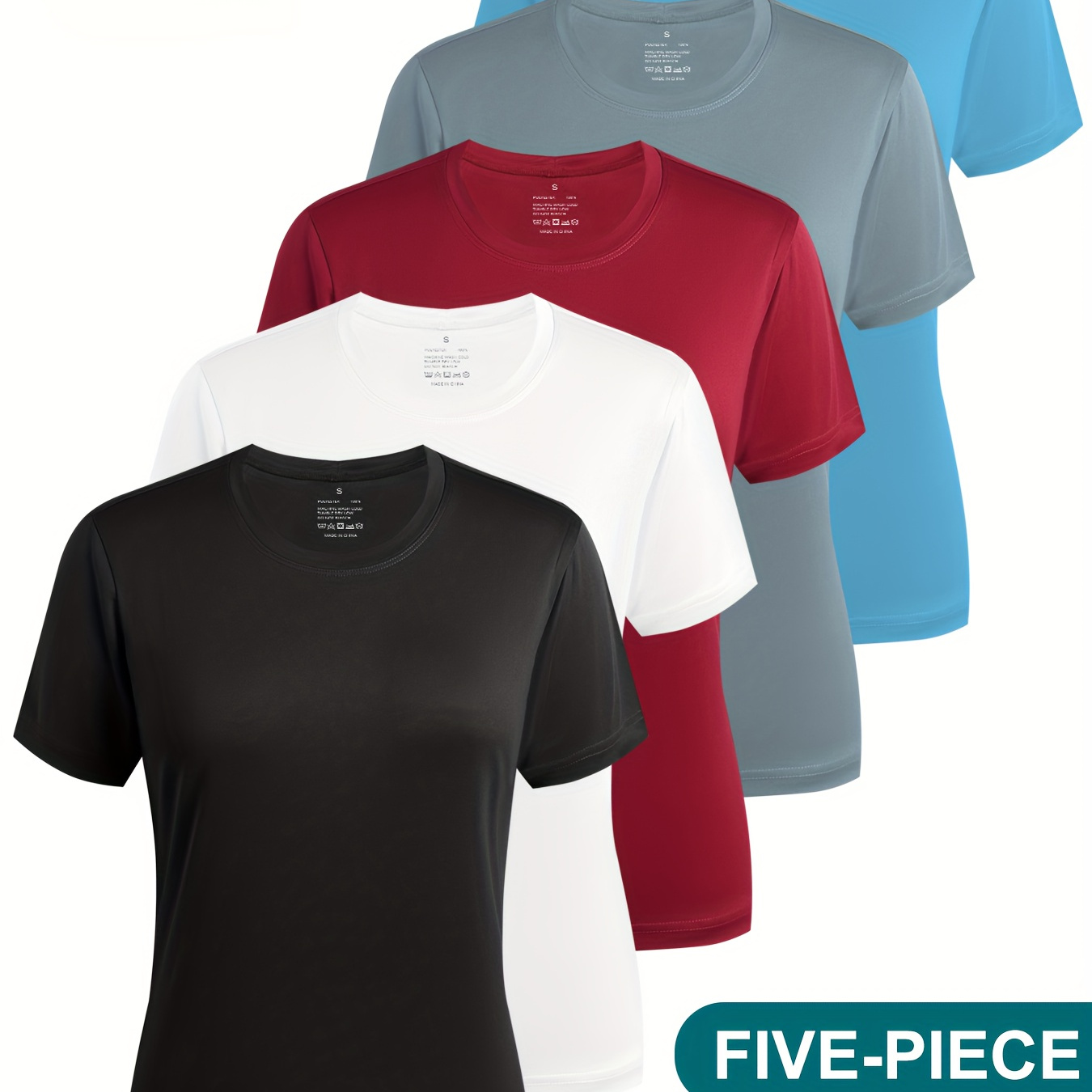 

5-Pack de T-Shirts de Sport Détente pour Femmes, Polyester, Couleur Unie, Col Rond, Coupe Régulière, Printemps/Été/Automne, Marque TELALEO