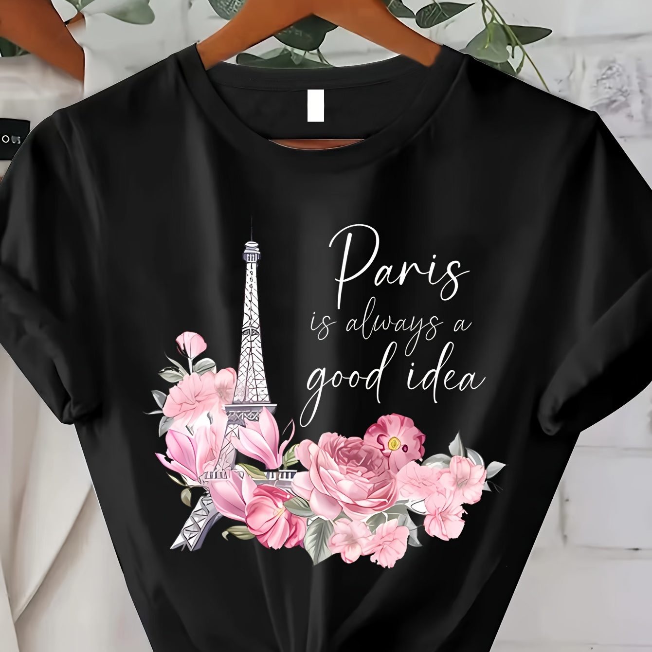 

Paris Print Crew Neck T-shirt, Short Sleeve Casual Top For Summer & Spring, Women's Clothing