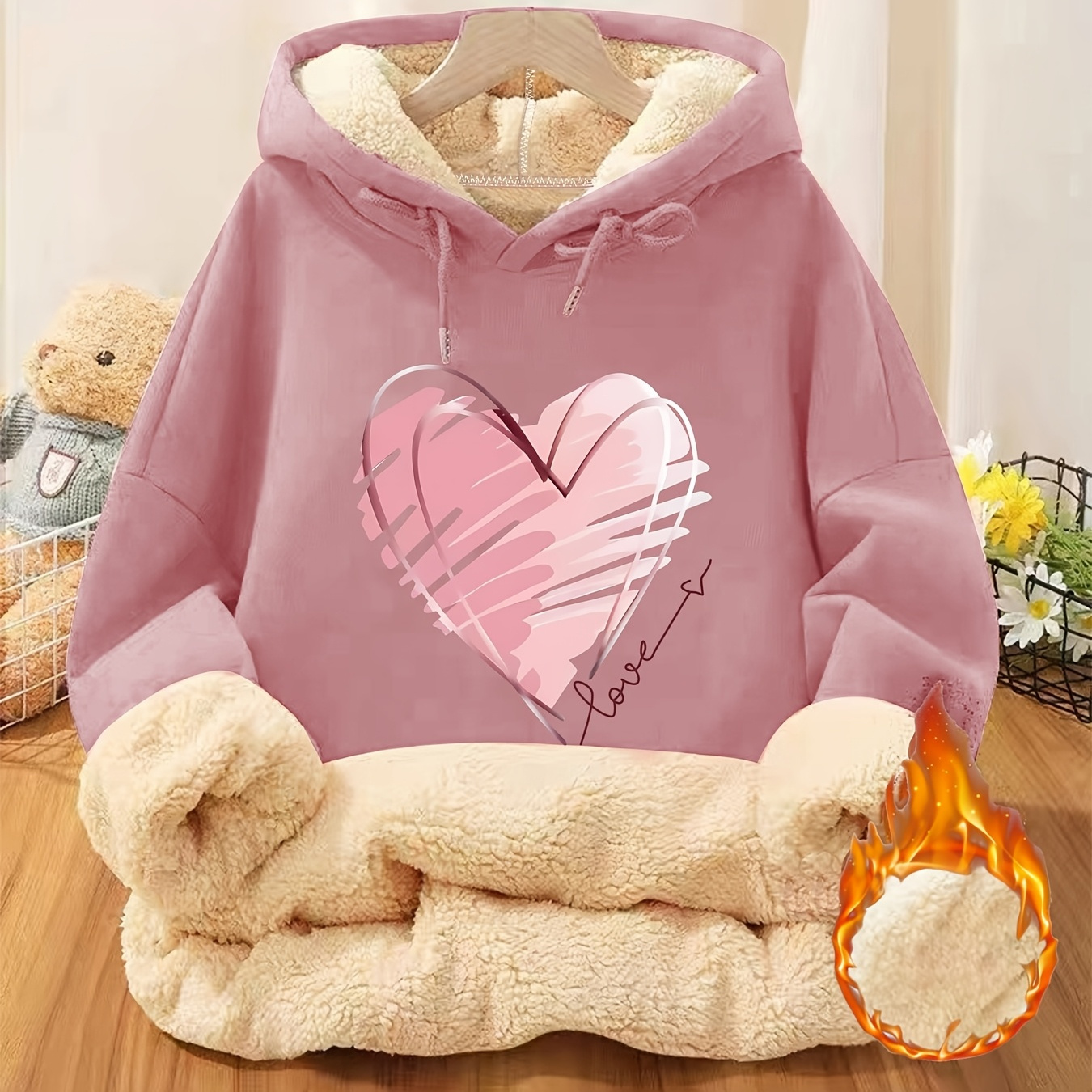 

1pc Women's Casual Polyester Hoodie Print - Knit Fabric Hooded Sweatshirt With Pockets For Fall/winter - Comfortable Pull-rope Fashion Hoodie With Velvet Thickening