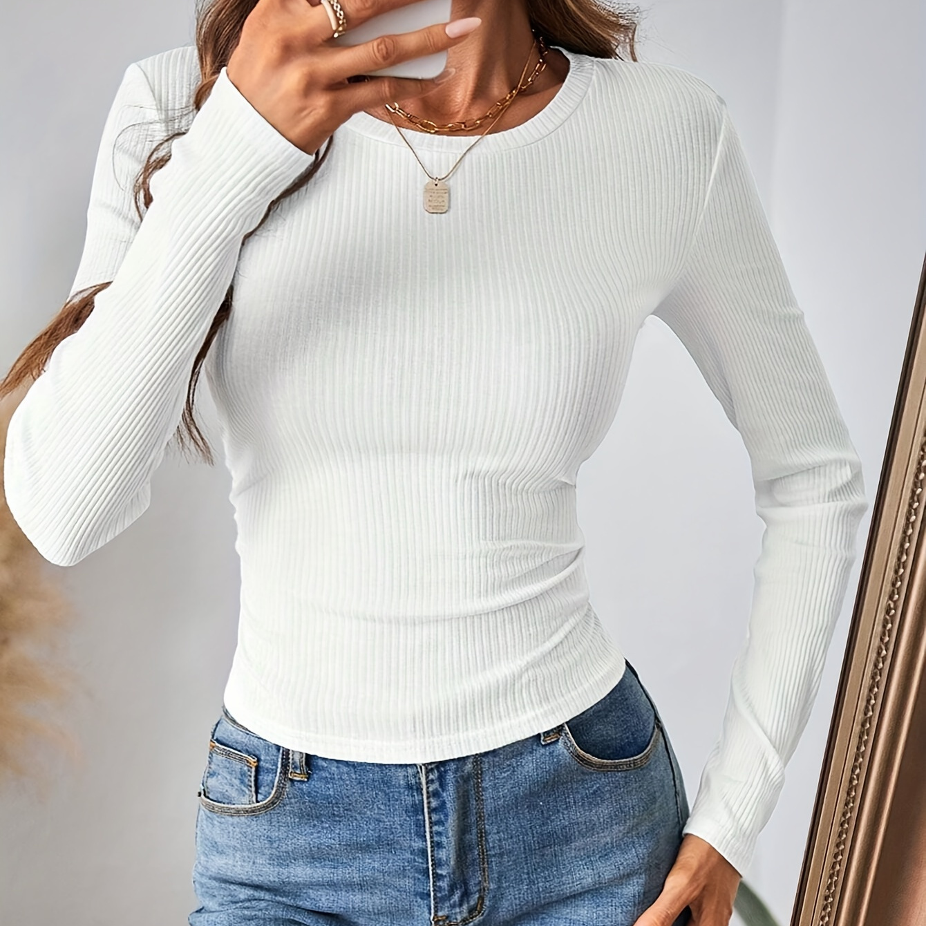 

Women's Slim-fit Ribbed Long Sleeve T-shirt - Casual Crew Neck, Solid Color, Fall & Winter, Machine Washable