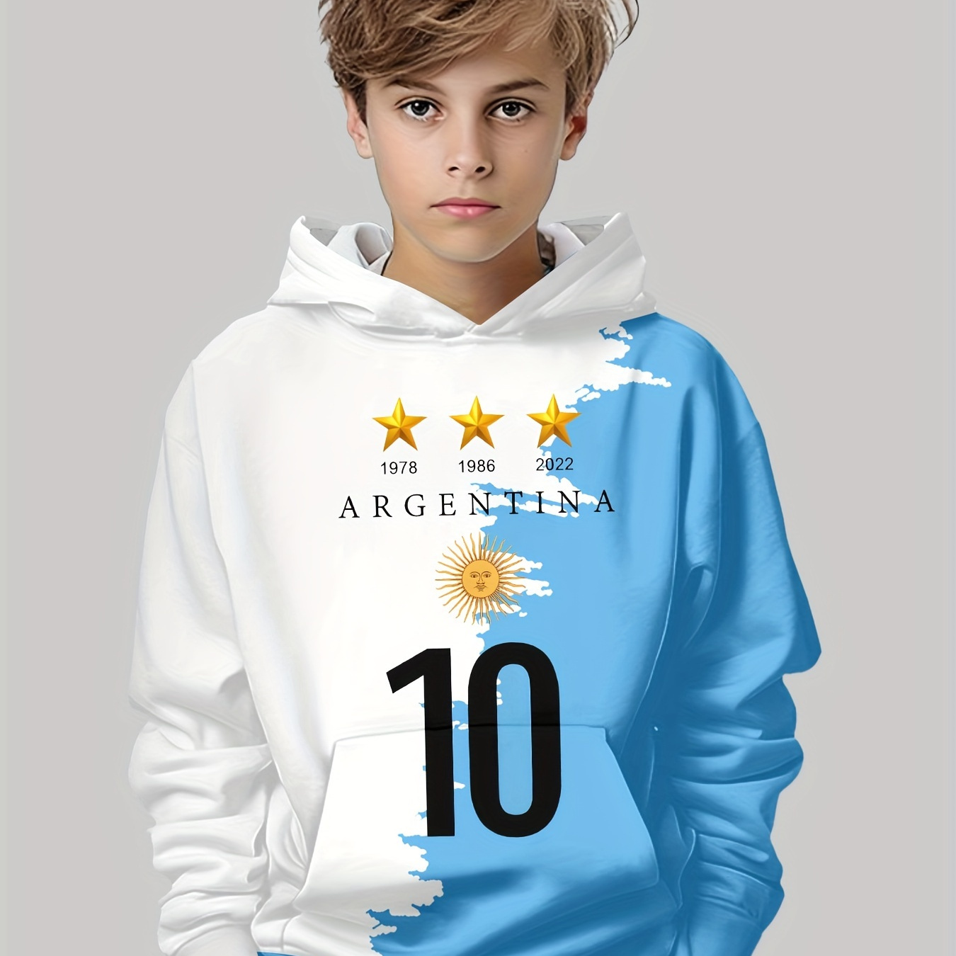 

Argentina 10 Print Hoodie, Cool Long Sleeve Hoodies For Boys, Boys Casual Creative Graphic Design Pullover, Crew Collar Hooded Sweatshirt, For All Seasons