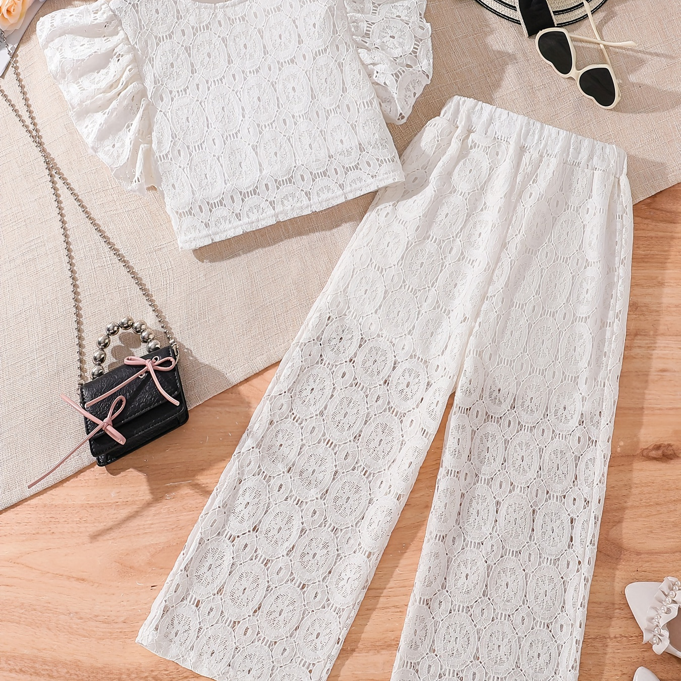 

Elegant Lace Set 2pcs, Flounce-sleeve Top + Hollo-out Pants Girl's Summer Clothes - Perfect For Casual Outings, Gift Idea