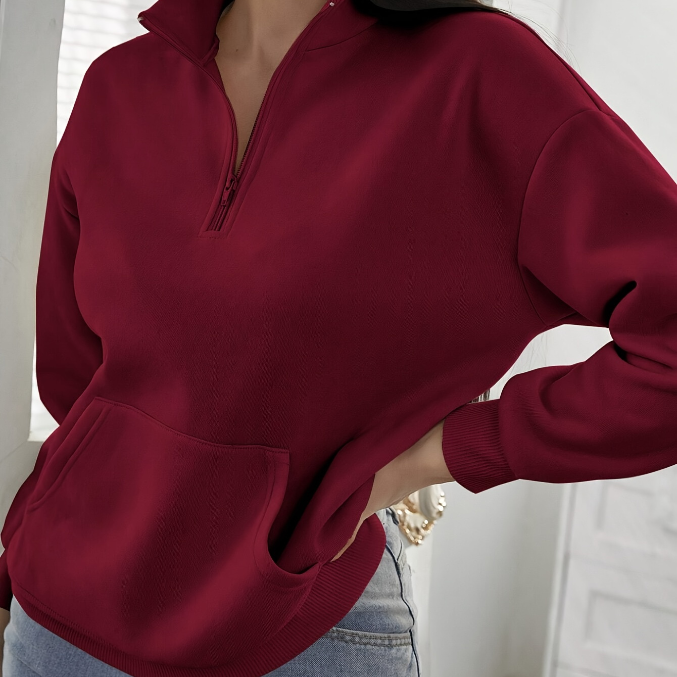 

Chic Pink Half-zip Sweatshirt With Kangaroo Pocket - Casual Long Sleeve, Drop Shoulder Design, Polyester , Machine Washable - Elegant & Comfortable For All , Apparel|elegant |ribbed Cuffs