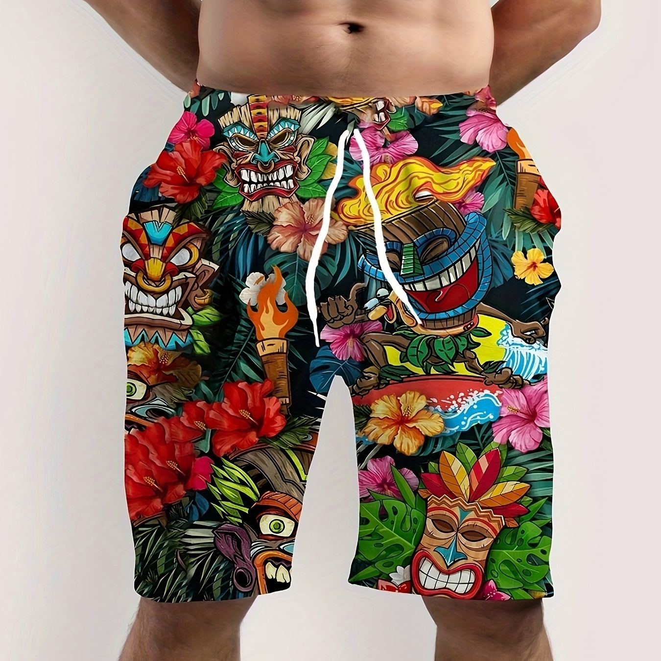 

Men's Summer Fashion Ethnic Style Cartoon Mask And Tropical Flower Pattern Leisure Shorts, Stylish And Trendy Drawstring Shorts For Sports And Beach Holiday Wear