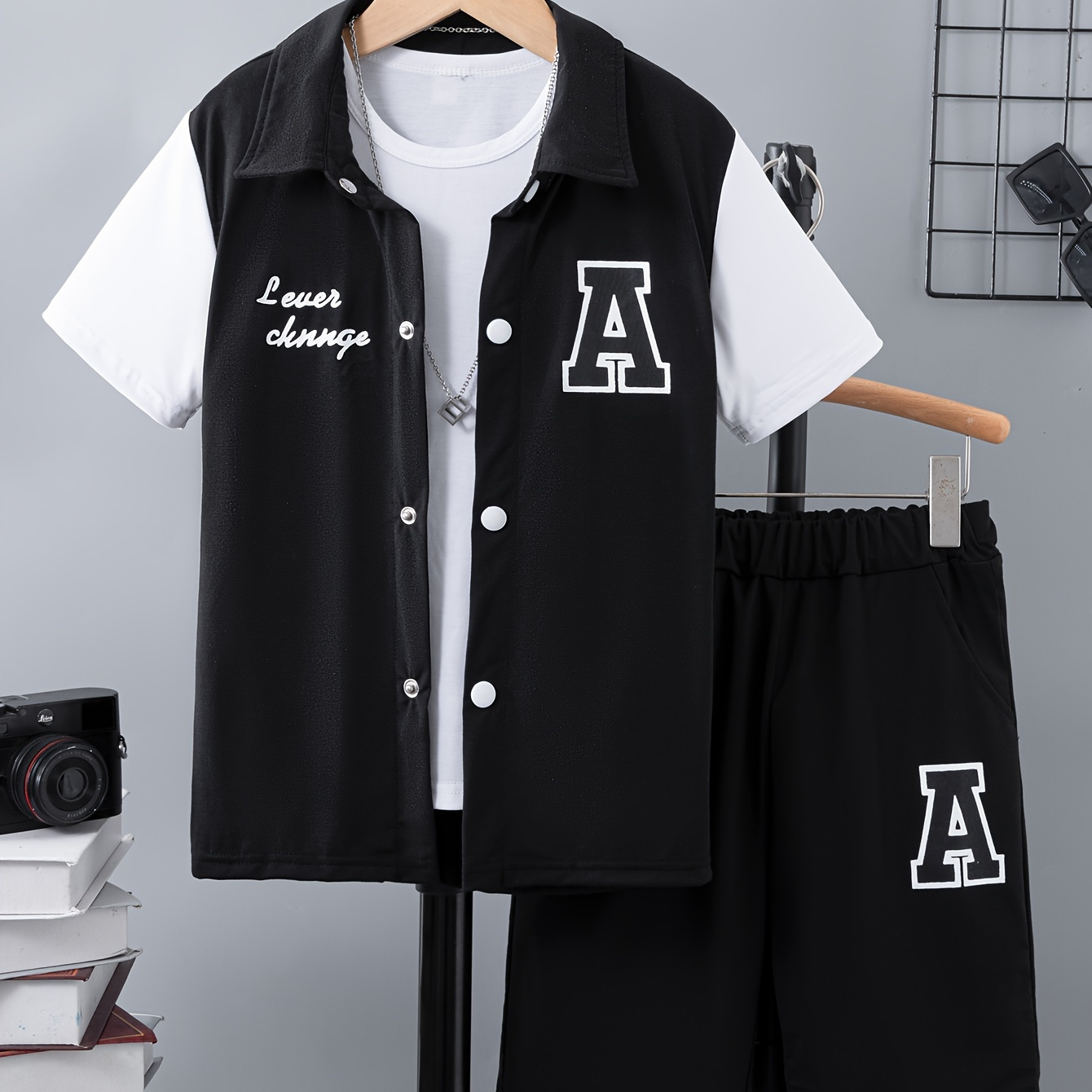 

2pcs Boys Casual Letter Graphic Print Short Sleeve Lapel Shirt & Shorts Set, Comfy Summer Boys Clothing