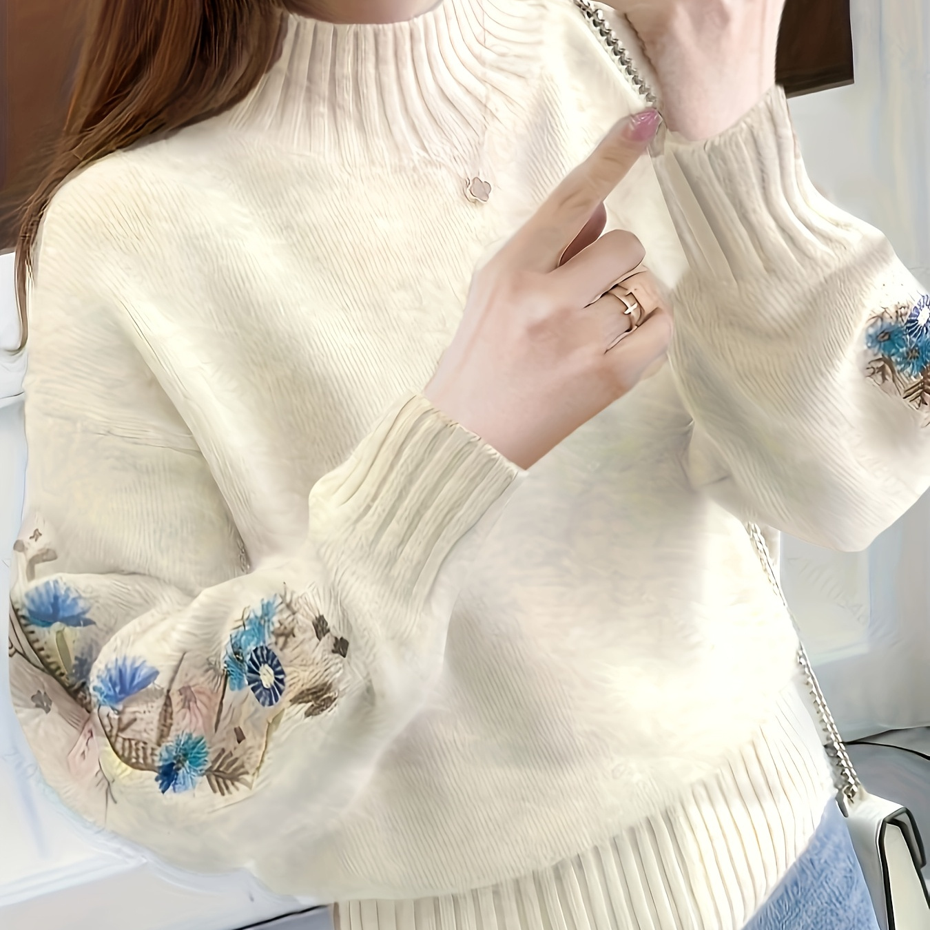 

] Elegant Floral Cream Knit Sweater For Women - Chic Stand Collar, Long Sleeve, Cozy Viscose & Nylon , Fall/winter