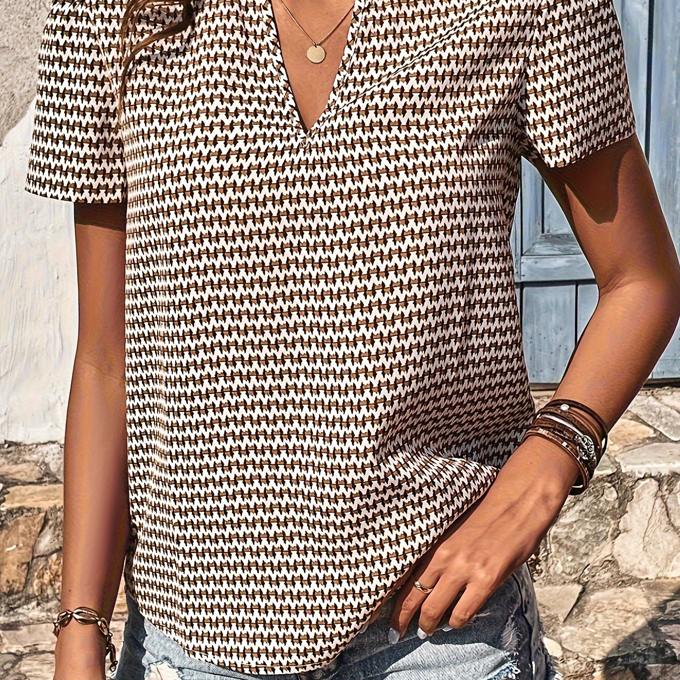 

Allover Print Notched Neck Blouse, Casual Short Sleeve Blouse For Spring & Summer, Women's Clothing