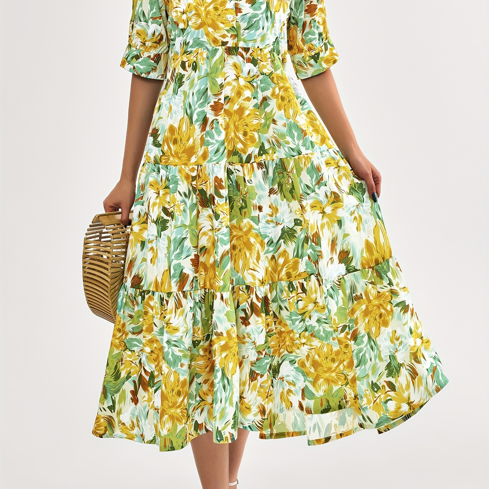 

Floral Print Lapel Neck Dress, Elegant Short Sleeve Button Front Layered Ruffle Hem Dress For Spring & Summer, Women's Clothing