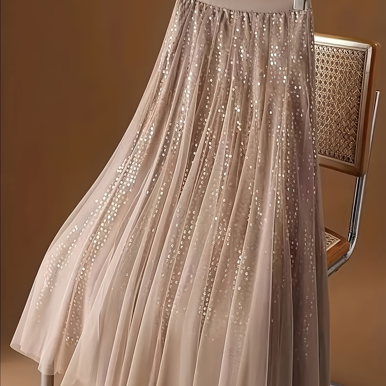 

Elegant Sequin Tulle Midi Skirt - High Waist Slimming Polyester Knit Fabric, Solid Pattern, Long Length Flowy Skirt For Women - Spring/fall Season