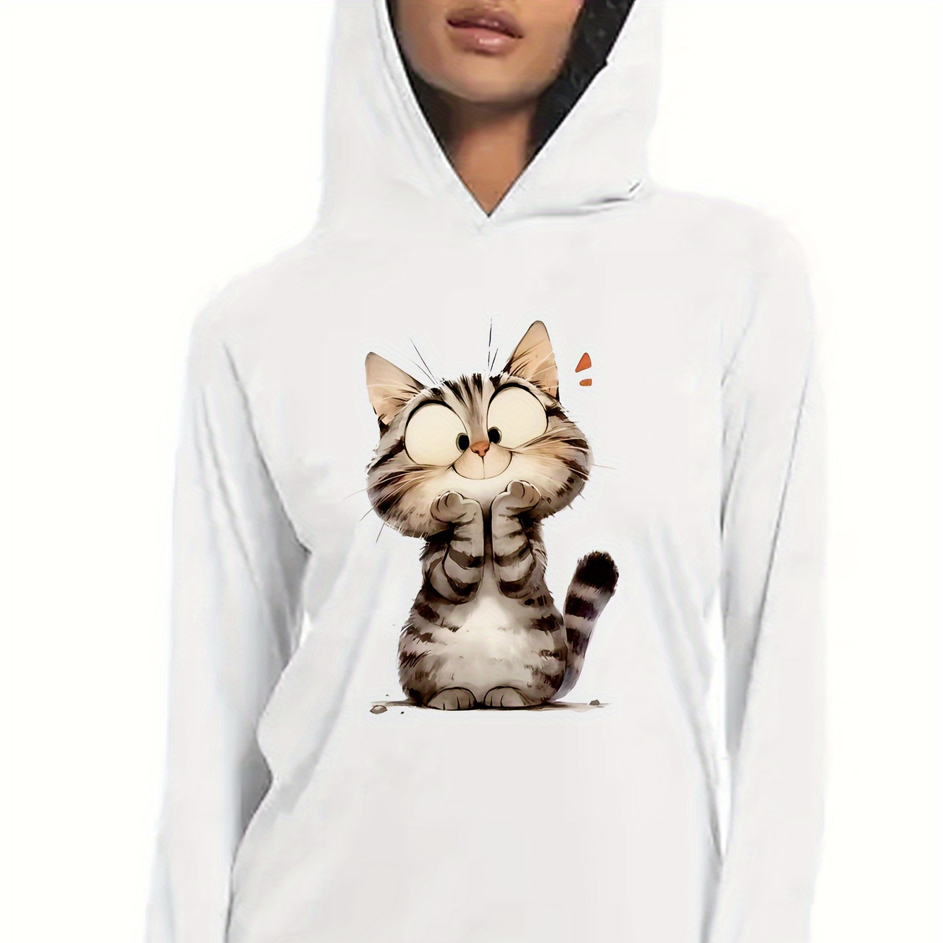 

Women's Casual Cute Cat Print Long Sleeve Hooded T-shirt With Applique Detail - Polyester Blend Knit Hoodie For Fall/winter