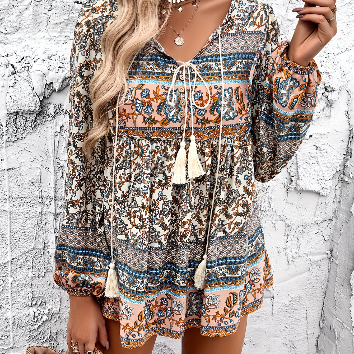 

Tribal Print Tassel Tie Neck Blouse, Vacation Long Lantern Sleeve Top For Spring & Fall, Women's Clothing