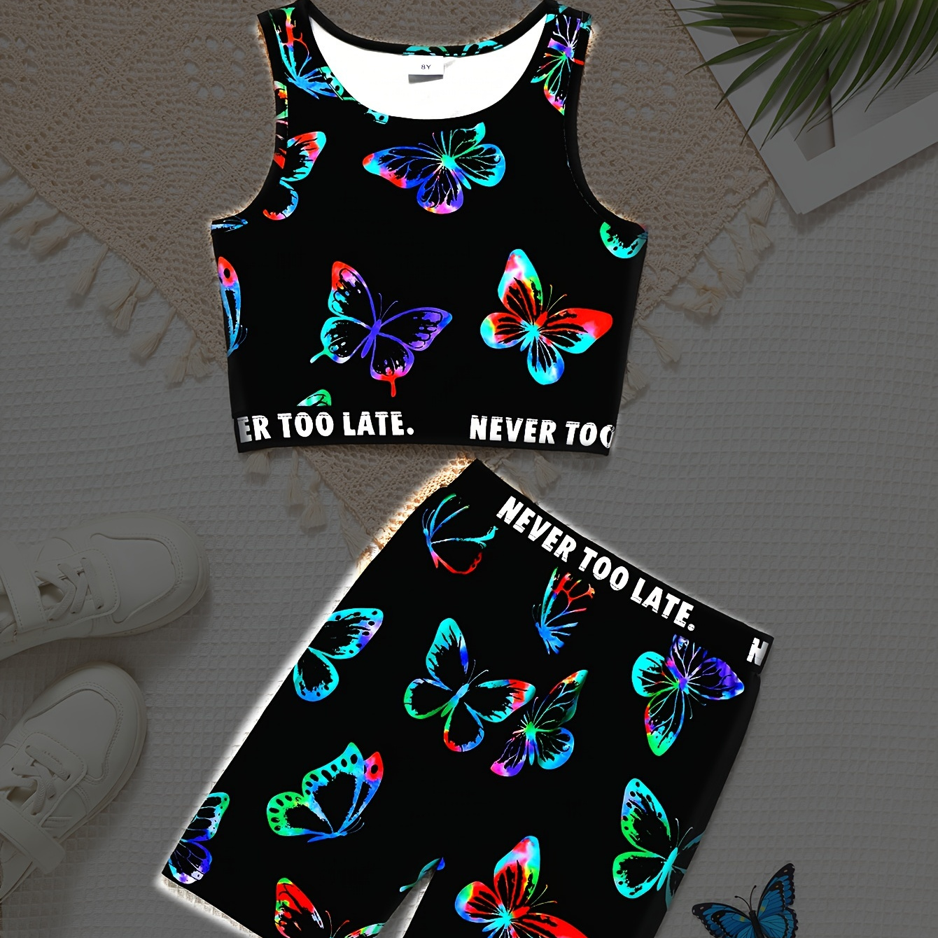 

Luminous Butterflies Print 2pcs Girl's Outfit Stretchy Tank Top + Shorts Casual Set Sports Summer Clothes