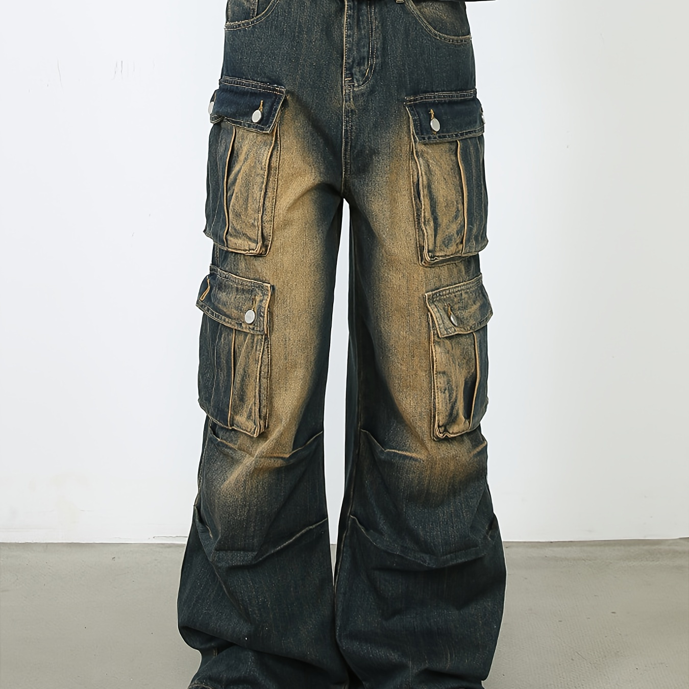 

Men's Multi Pocket Street Dance Party Jeans, Vintage Workwear Pants, High Street Loose Straight Leg Wide Leg Pants