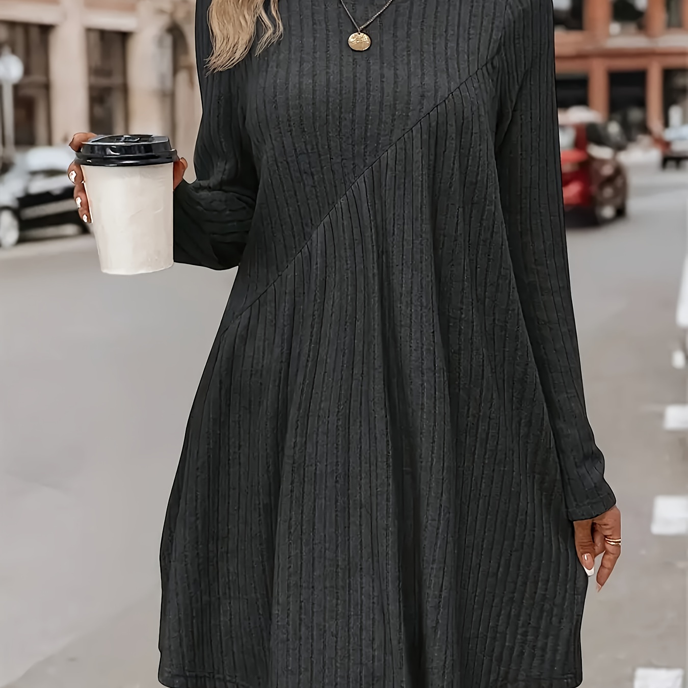 

Size Bohemian Midi Dress - Slimming Ribbed Knit With Asymmetrical Hem, Long Sleeve & Round Neck - Fall/winter