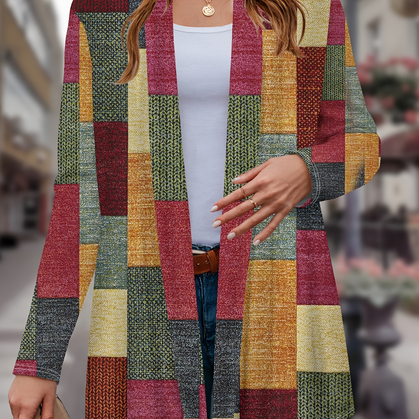 

Cardigan en polyester décontracté pour femme avec col à , patchwork à de couleur imprimé 3D, tissu tricoté légèrement extensible, vêtements d'extérieur à manches longues pour /automne