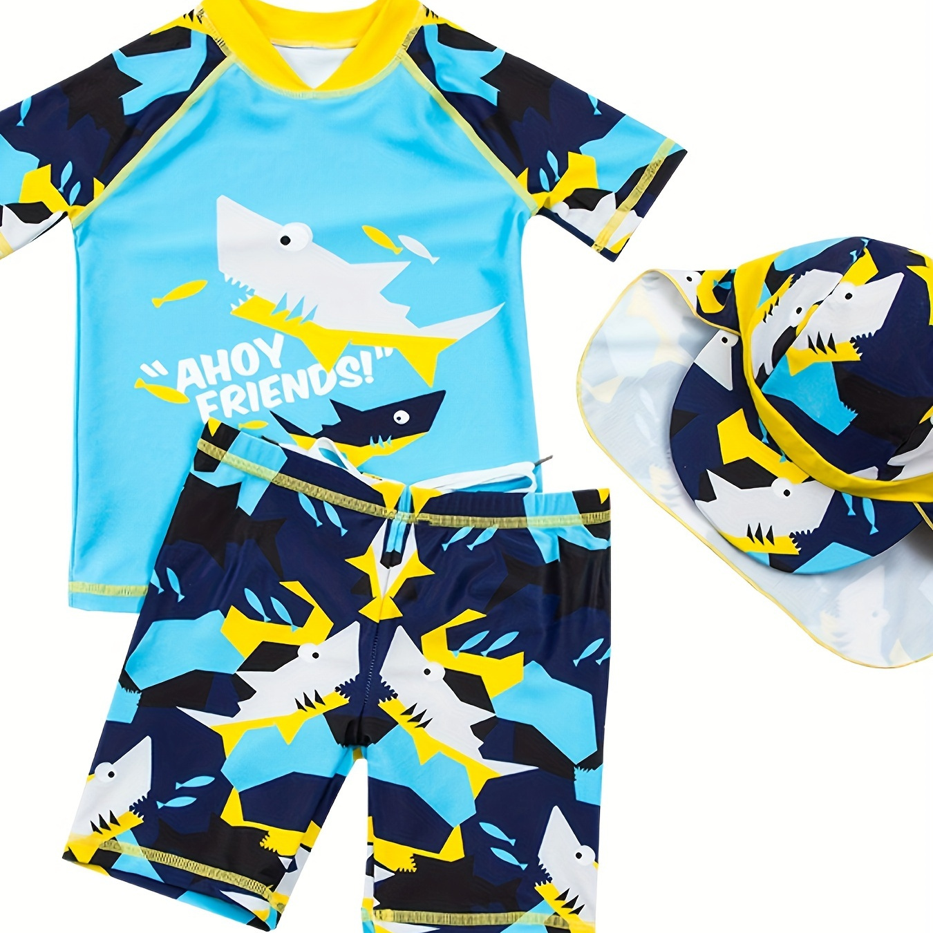

2pcs Cartoon Shark Pattern Swimsuit For Boys, T-shirt & Swim Trunks & Hat Set, Stretchy Surfing Suit, Kid's Swimwear For Summer Beach Vacation