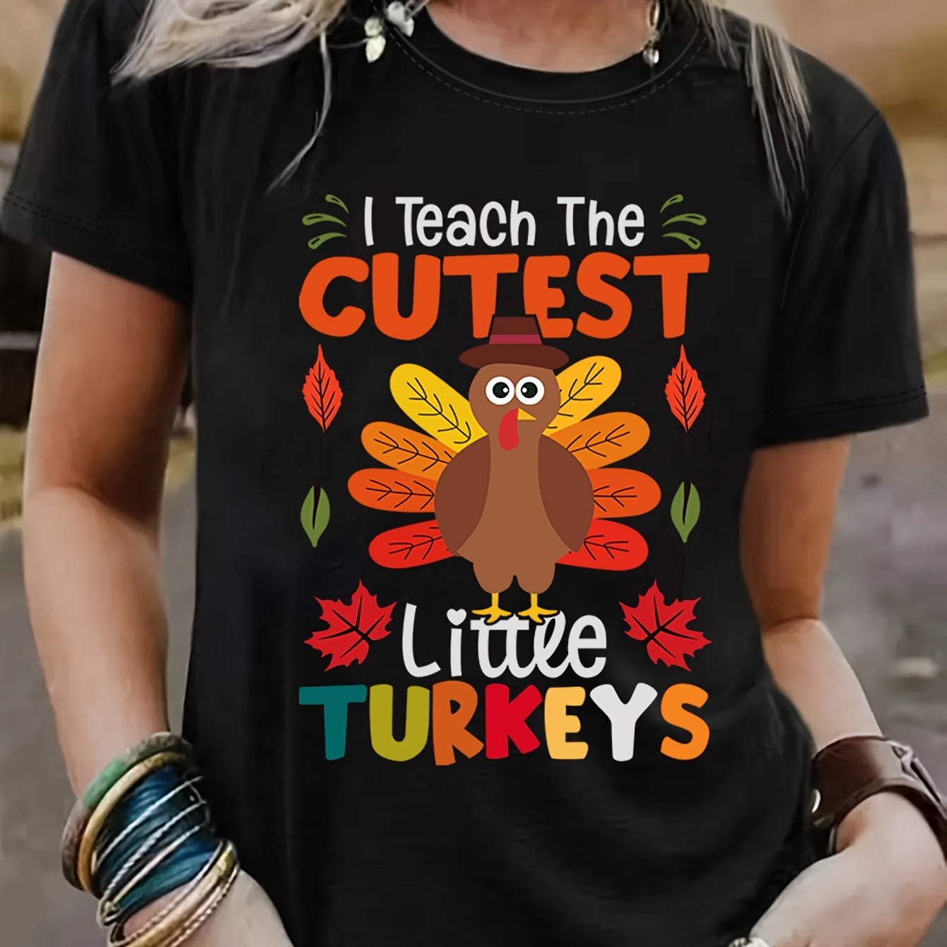 

Thanksgiving Print Crew Neck T-shirt, Casual Short Sleeve T-shirt For Spring & Summer, Women's Clothing