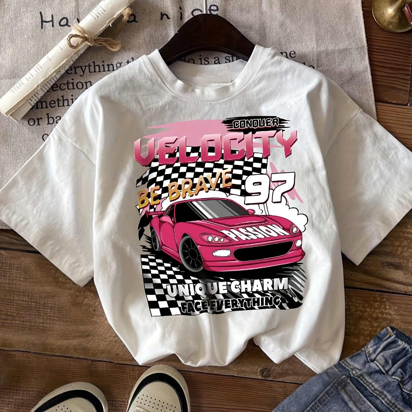 

Racing Car Print T-shirt, Short Sleeve Crew Neck Casual Top For Summer & Spring, Women's Clothing