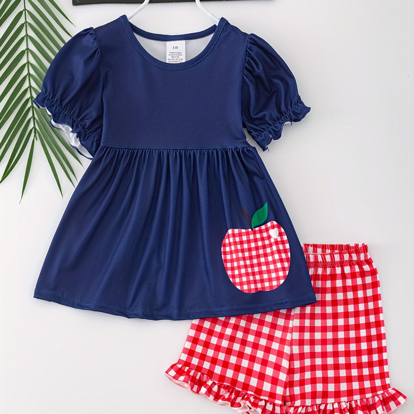 

Fruit Pattern Back-school Girls 2-piece Set, Short Sleeve Peplum T-shirt + Plaid Shorts Set Sweet & Fashion Summer Outfit