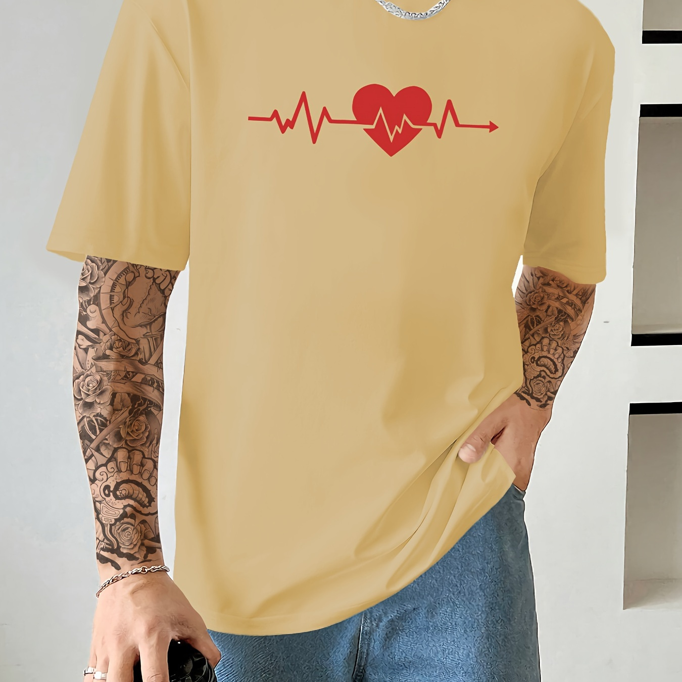 

Heart Print T Shirt, Tees For Men, Casual Short Sleeve T-shirt For Summer