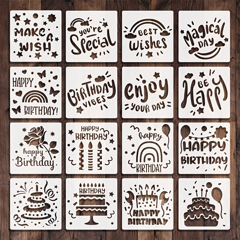 

16 Styles 6 Inches Diy Birthday Greeting Card Making Painting Template Cake Blessing Word Rose Flower Hollow Pattern Leak Printing Board