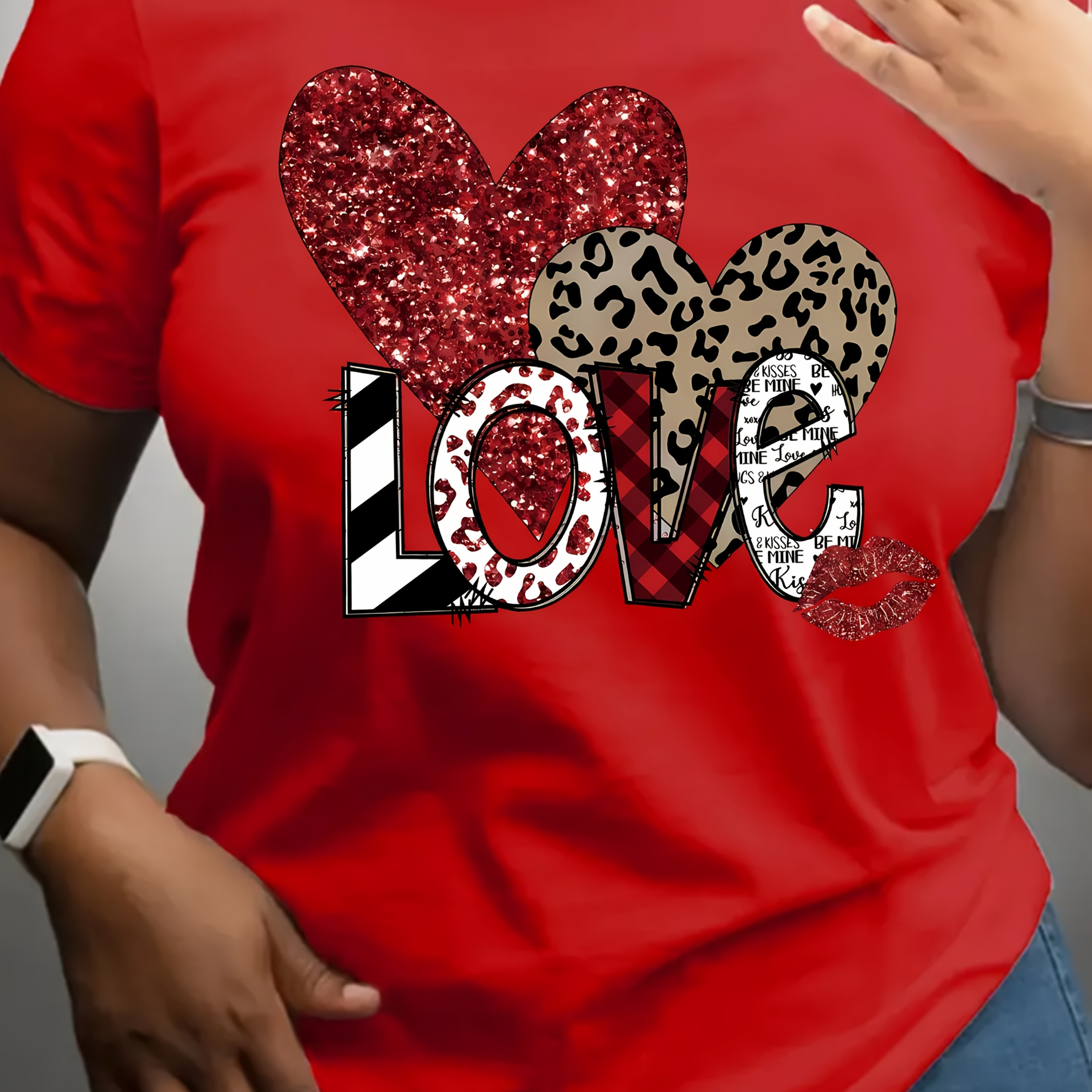 

Women's "love" Heart Graphic T-shirt - Casual Crew Neck, Short Sleeve, Leopard And Glitter Print, Polyester, Fashion Top, Casual Wear|leopard Print Shirt|machine Washable Top