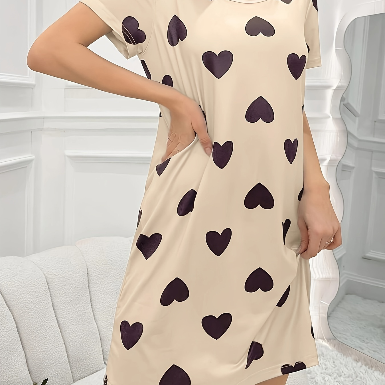 

Women's Heart Print Casual Sleepwear Dress, Short Sleeve Round Neck Tee Dress, Comfortable Nightgown