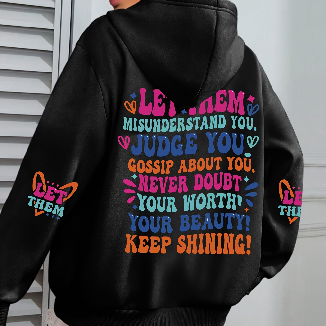 

Plus Size Let Print Hoodie, Casual Long Sleeve Pocket Drawstring Hoodies, Women's Plus Size clothing