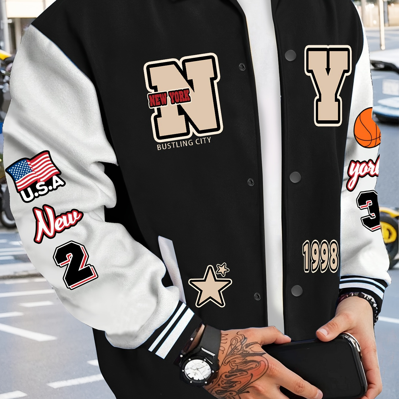 

Men's Casual Nyc-inspired Varsity Jacket - " Nyc" & Basketball New Design, Lightweight Polyester, Machine Washable, With Pockets, Snap Closure - Spring & Fall