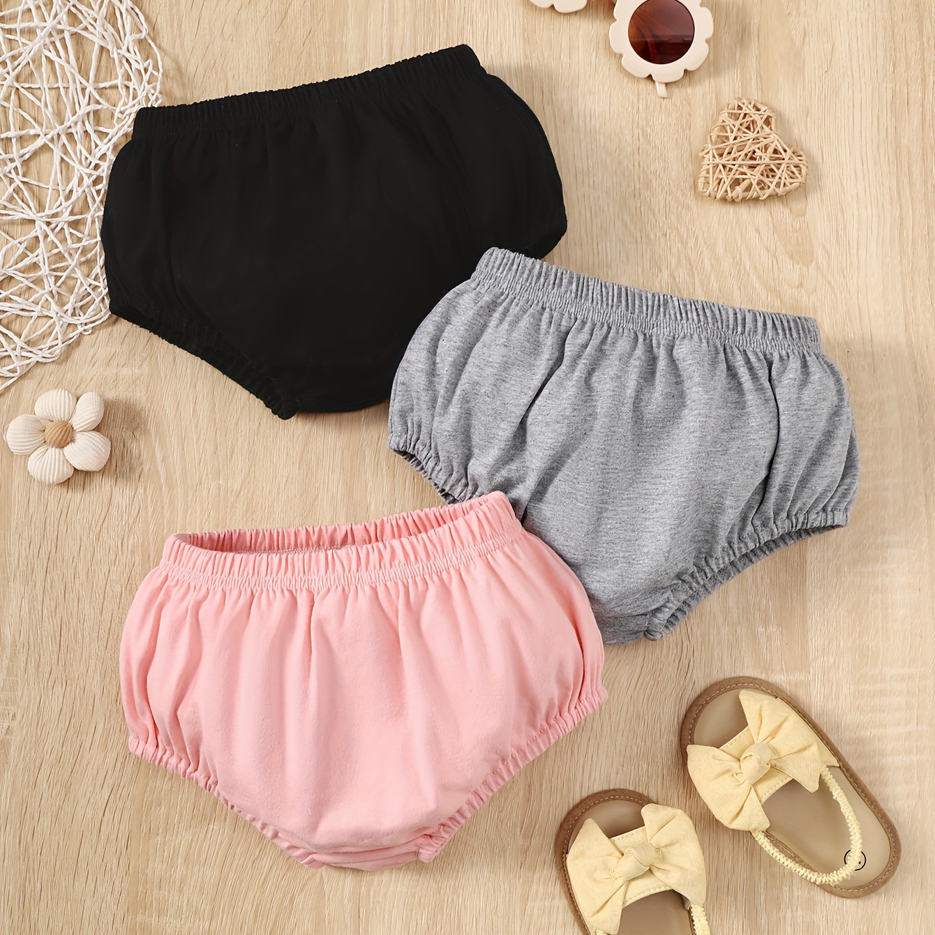 

3pcs Infant & Toddler's Solid Color Cotton Shorts, Comfy Elastic Waist Triangle Shorts, Baby Girl's Clothing