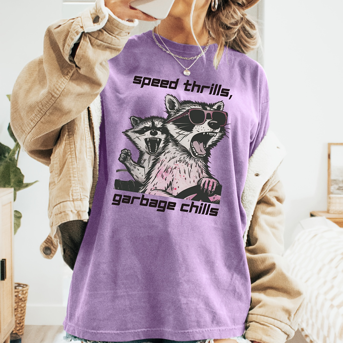 

Raccoon Print Crew Neck T-shirt, Short Sleeve Casual Top For Summer & Spring, Women's Clothing