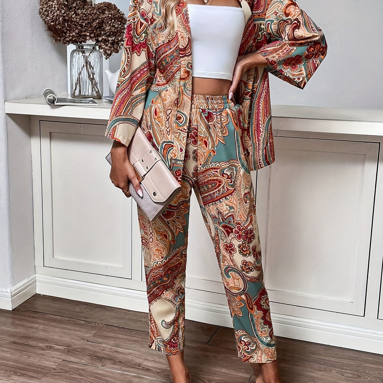 

Paisley Print Pantsuit Set, Open Front Long Sleeve Cover Up & Cropped Straight Leg Pants Outfits For Vacation & Traveling, Women's Clothing