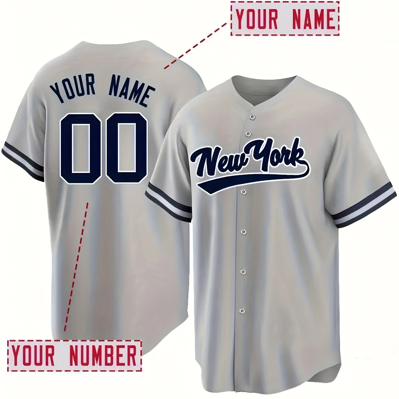 

Customized Name And Number Design, New York Men's Short Sleeve Retro Casual V-neck Embroidery Baseball Jersey, Sports Shirt For Team Training