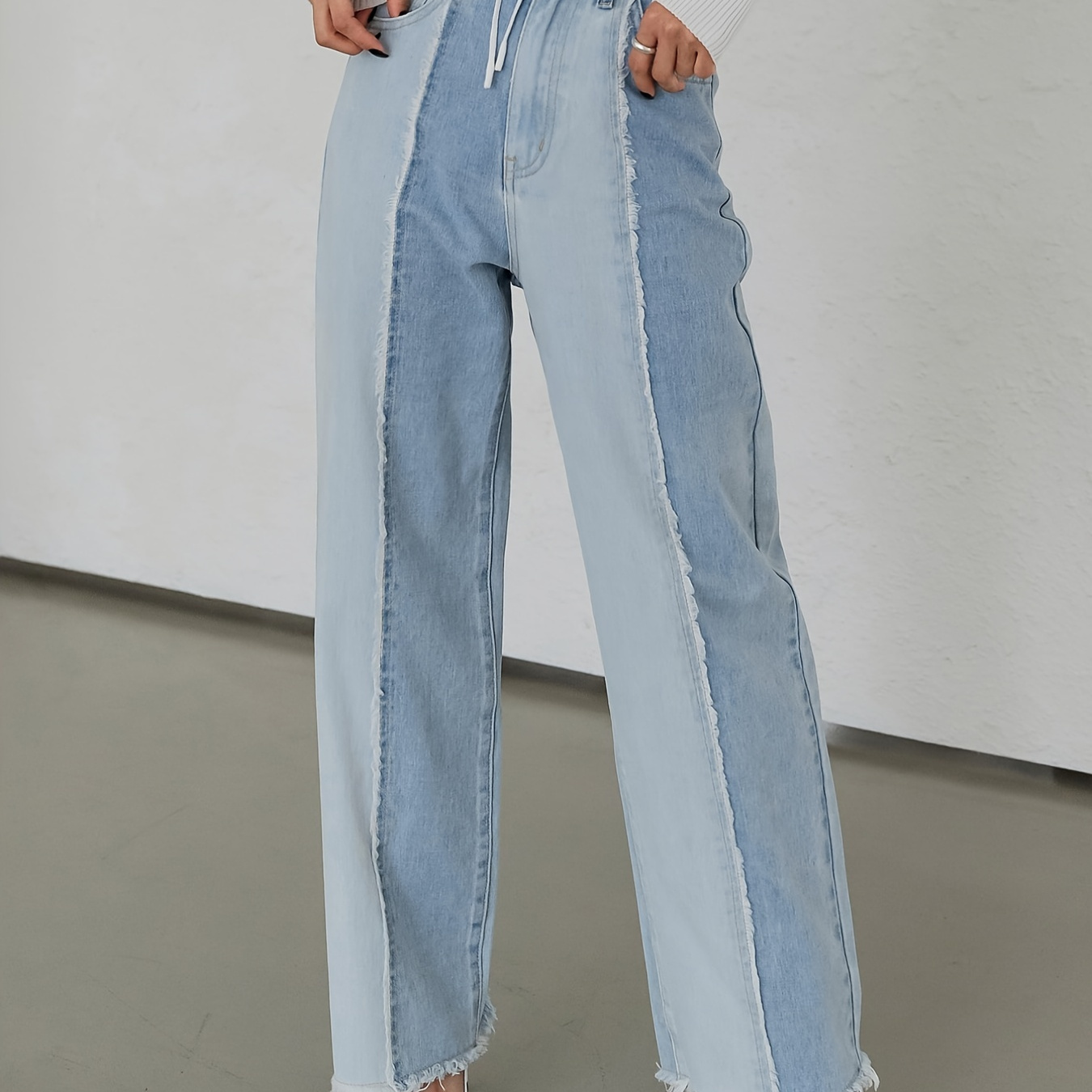Blue Waist Slash Straight Light High Hem - Pockets Temu Jeans