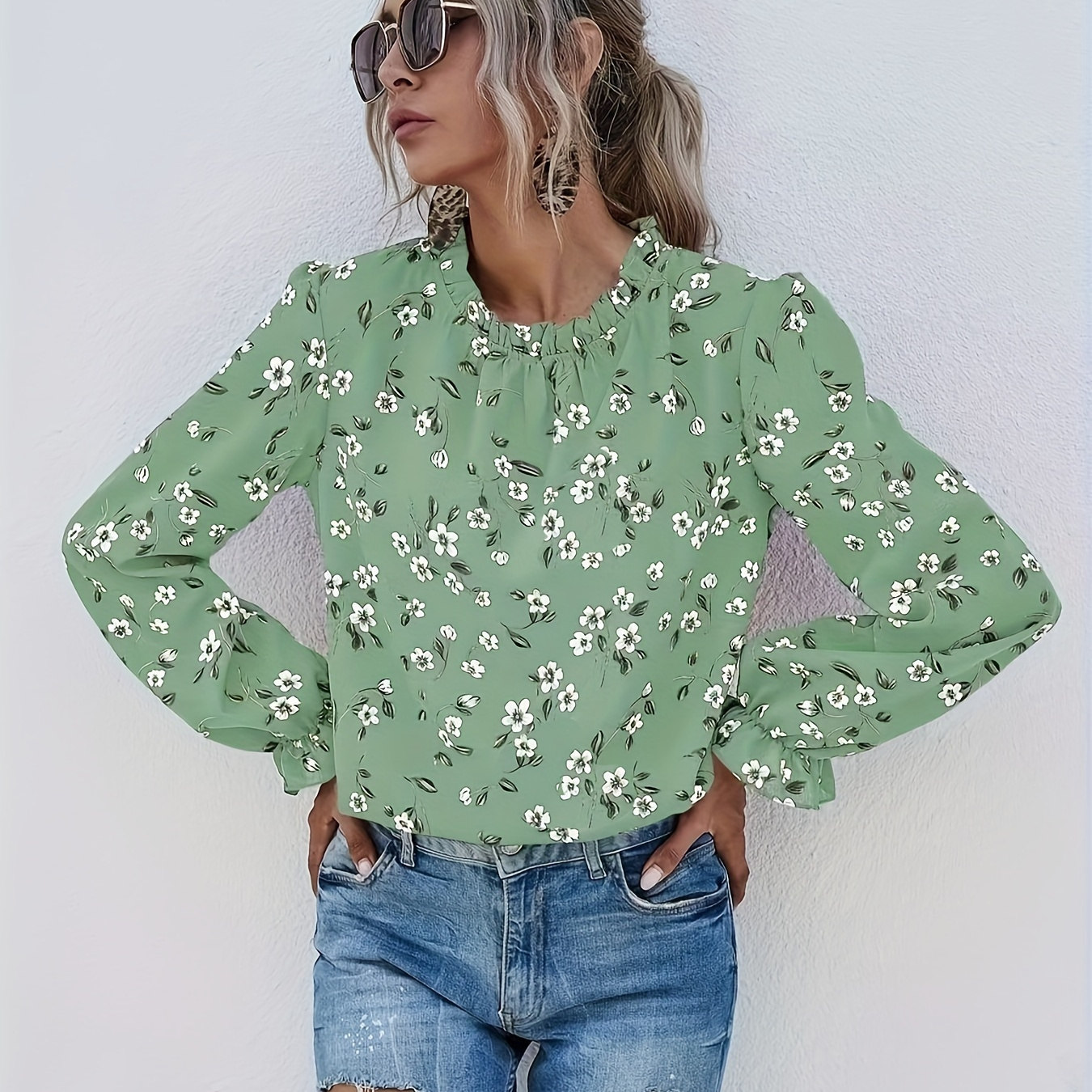 

Floral Print Frill Neck Blouse, Casual Long Sleeve Top For Spring & Fall, Women's Clothing