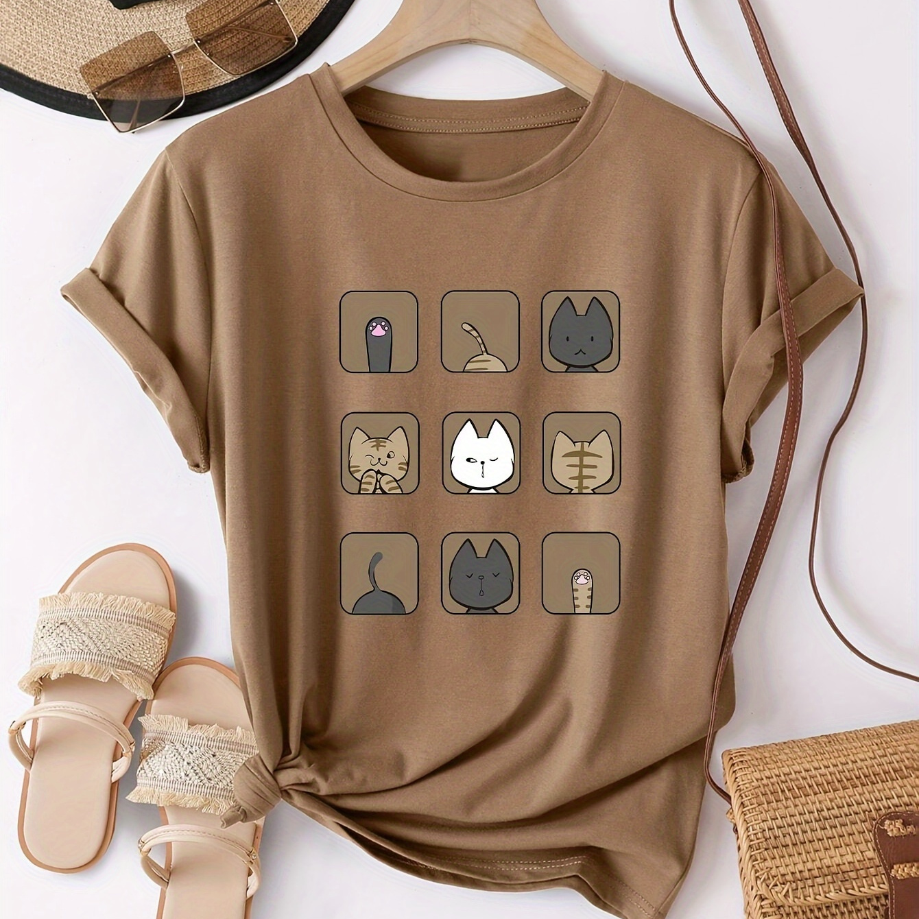 

Kitten Neck T-shirt, Casual Short Sleeve T-shirt For , Women's Clothing