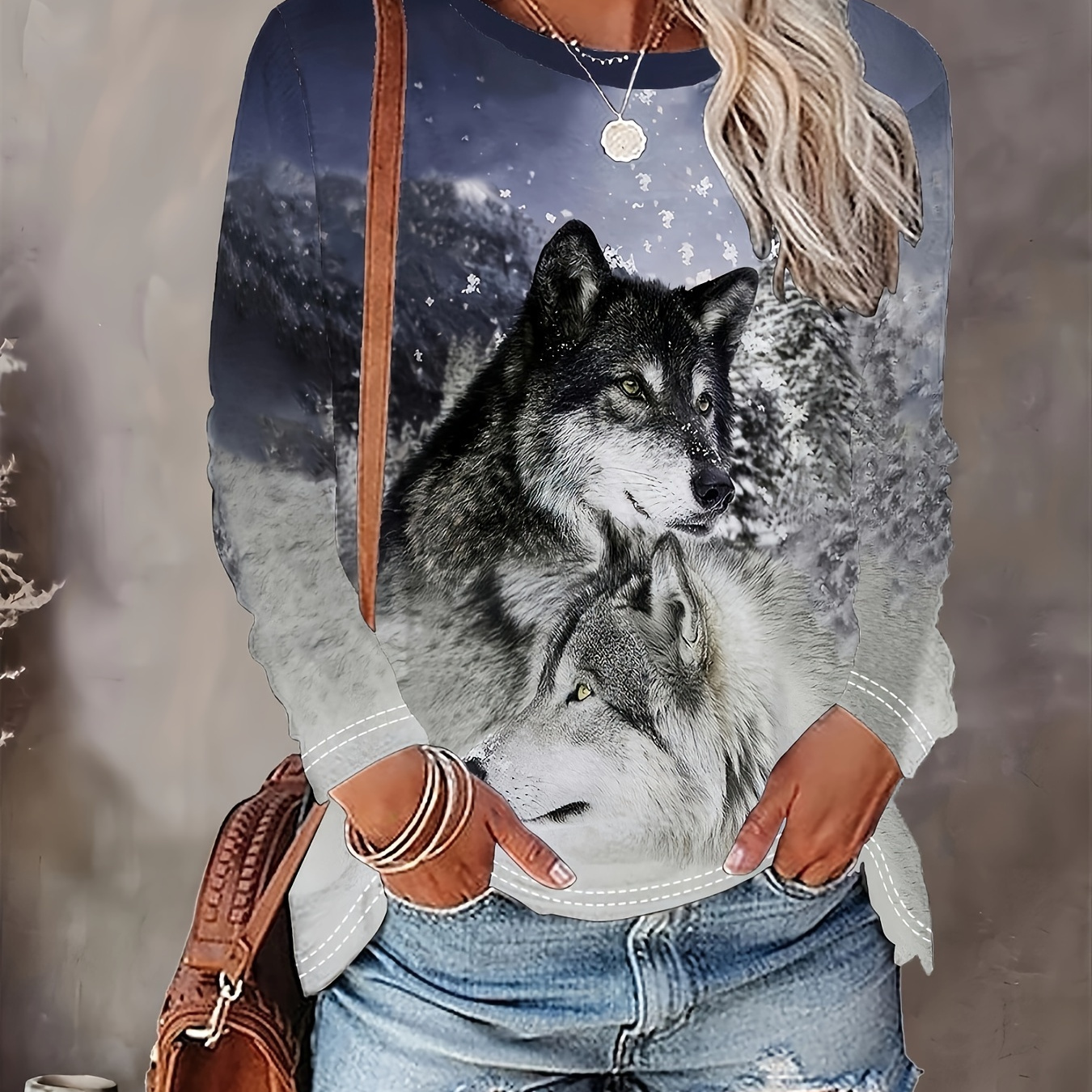 

Wolf Neck T-shirt, Casual Long Sleeve Top For Spring & Fall, Women's Clothing