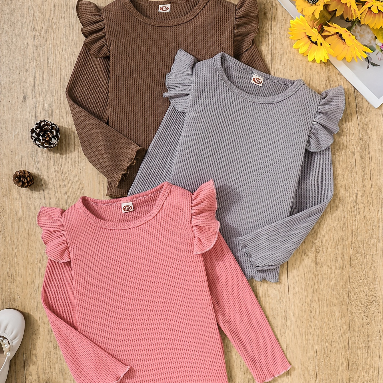 

Girls' Ruffle Long Sleeve Tees Set Of 3, Knit Polyester Tops, Casual Crew Neck With Medium Stretch, Solid Color Pullovers For Spring/fall, Regular Fit - 12 And Under