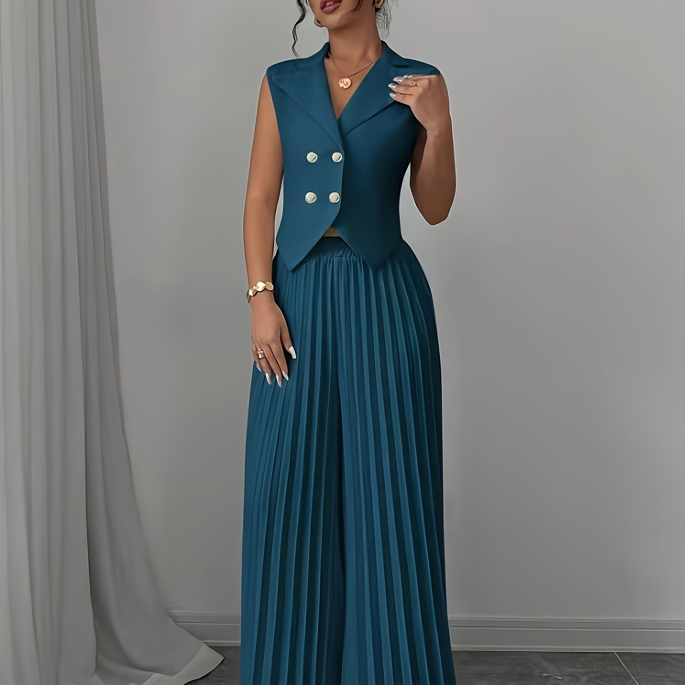 

Women's Teal Casual Suit Set - Double-breasted Vest And Wide-leg Pants, Polyester, Machine Washable, Elegant Ribbed Texture