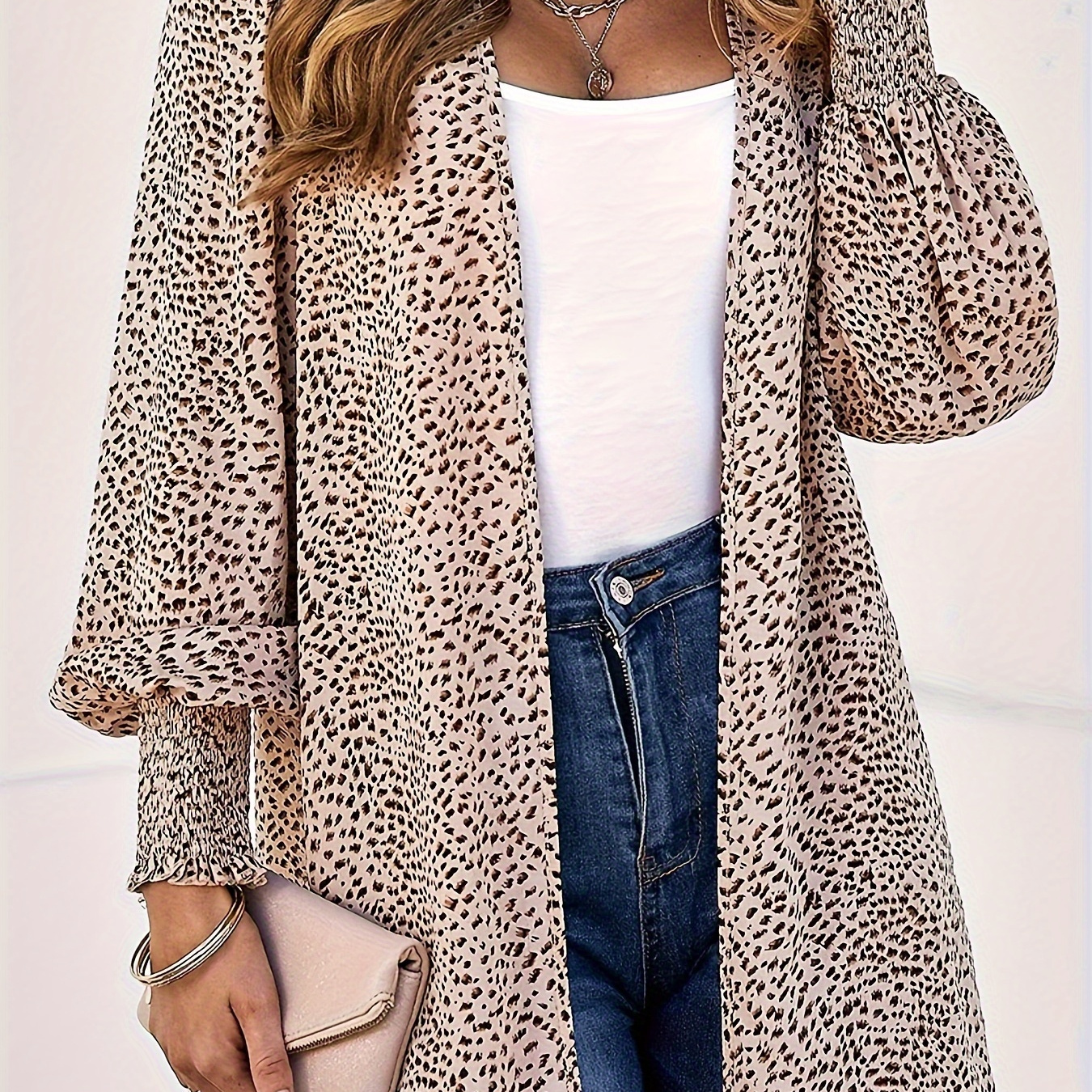 

Plus Size Casual Coat, Women's Plus Leopard Print Shirred Long Sleeve Open Front Coat