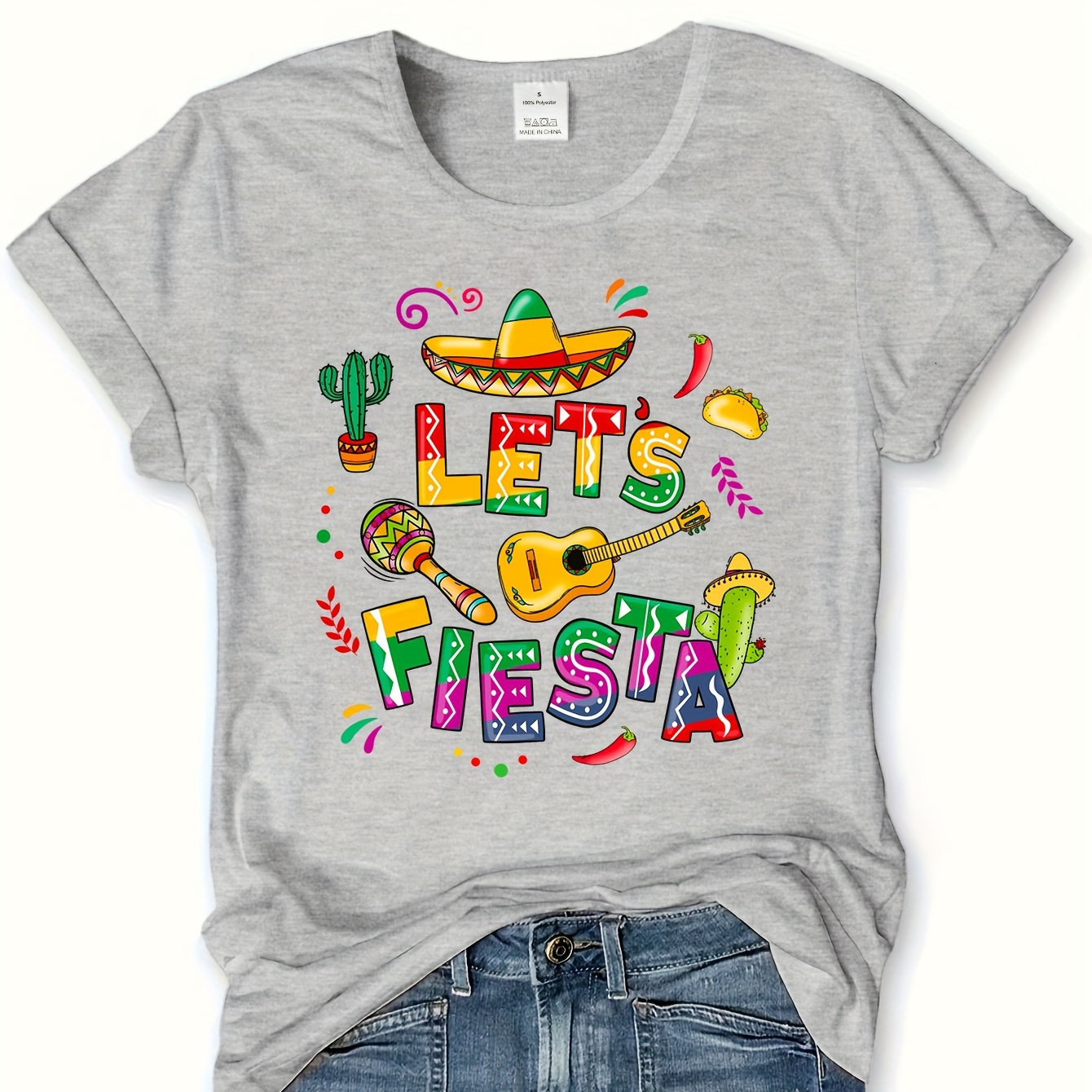 

De Celebration T-shirt - Casual Crew Neck, Short Sleeve With Geometric Print, Breathable Polyester, Women' Top For Spring/summer