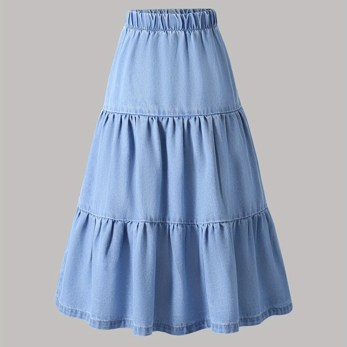 

Girls Solid Smocked A-line Casual Denim Skirt For Spring And Fall, Preppy & Versatile Daily Casual Swing Skirts