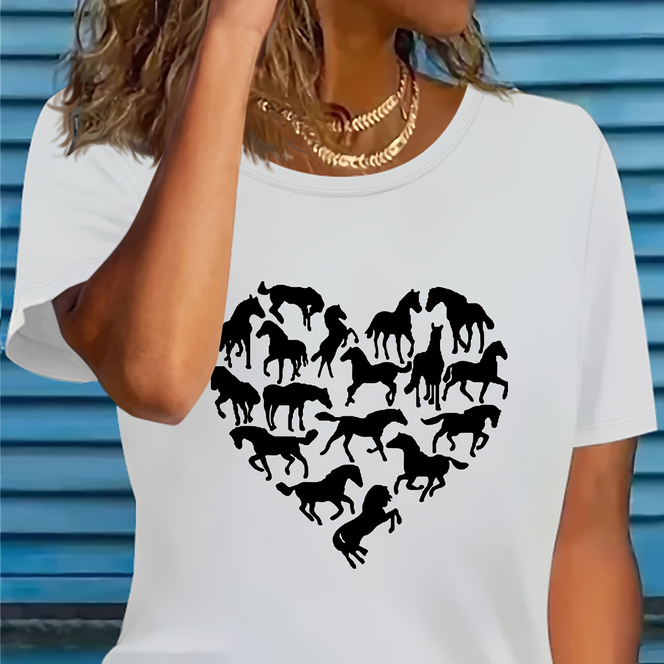 

Horses & Heart Print T-shirt, Short Sleeve Crew Neck Casual Top For Summer & Spring, Women's Clothing