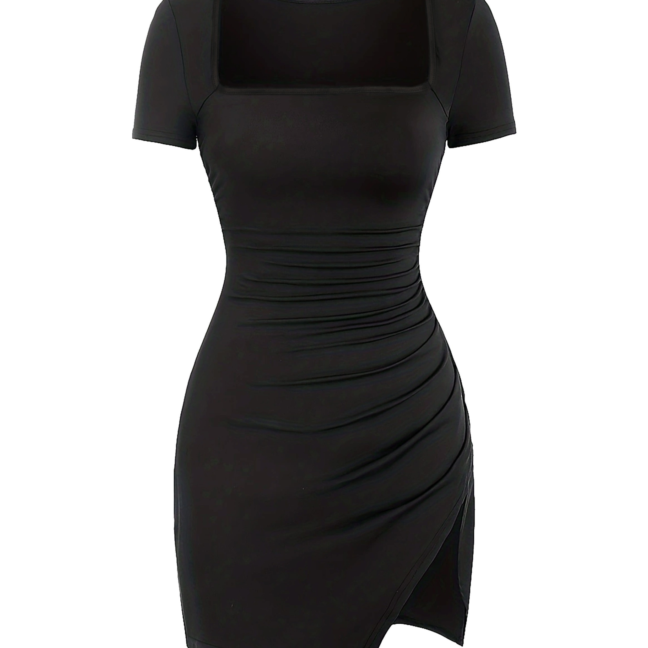

Square Neck Ruched Asymmetrical Dress, Elegant Slim Short Sleeve Dress For Spring & Summer, Women's Clothing