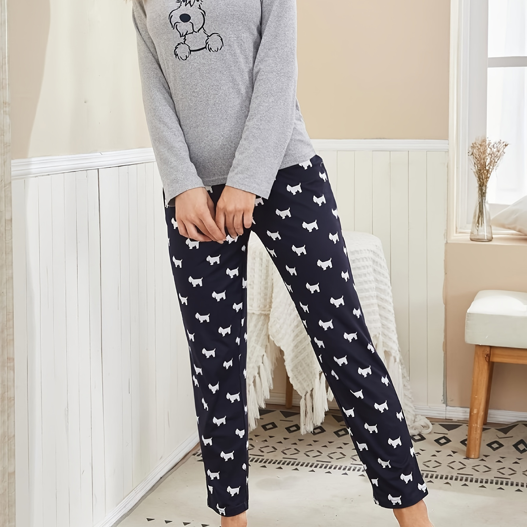 

Ensemble De Pyjama À Imprimé Chien De Dessin Animé, Haut À Col Rond À Manches Longues Et Pantalon À Taille Élastique, Vêtements De Nuit Et Vêtements De Détente Pour Femmes