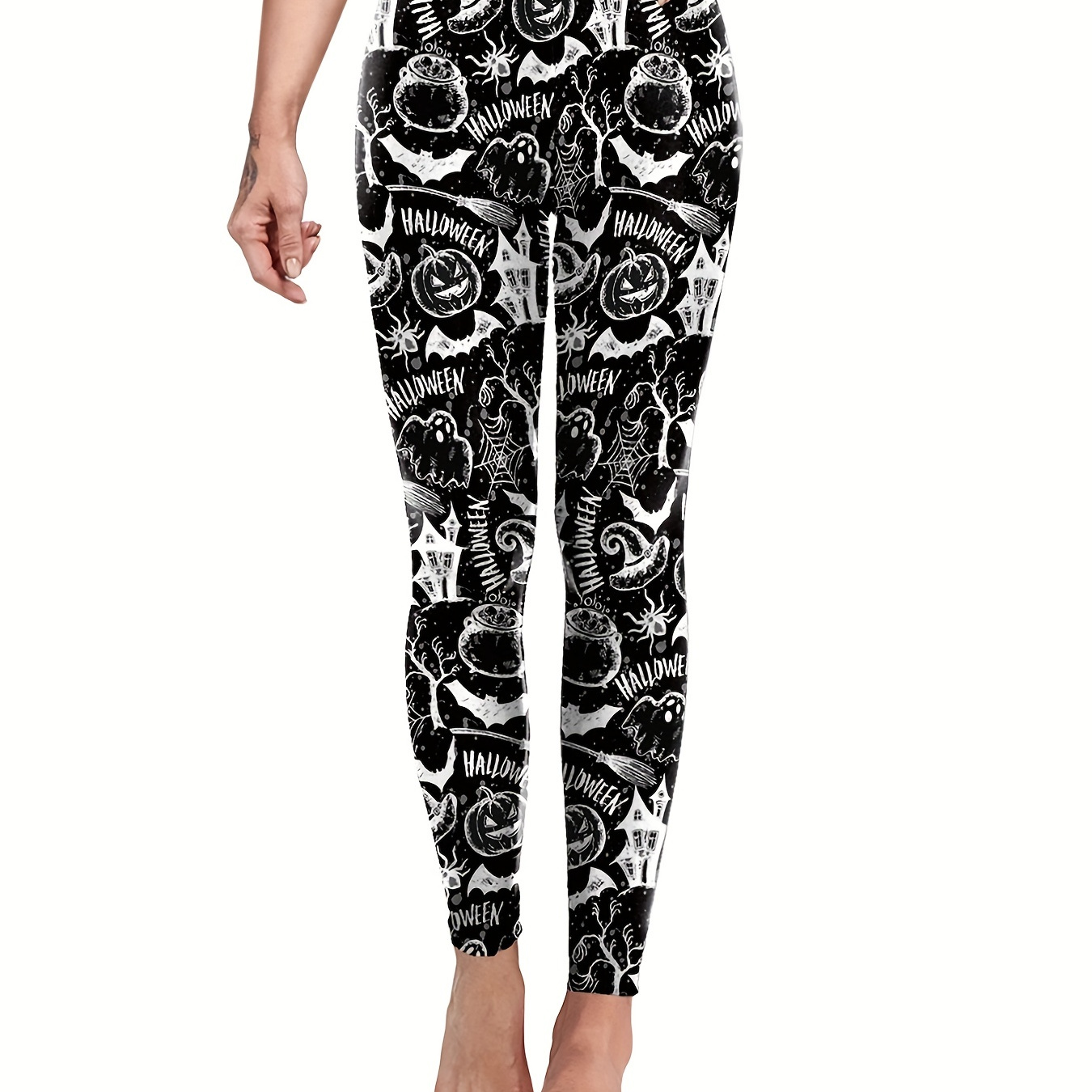 Halloween Skull Flower Print High Waist Leggings Fashion - Temu