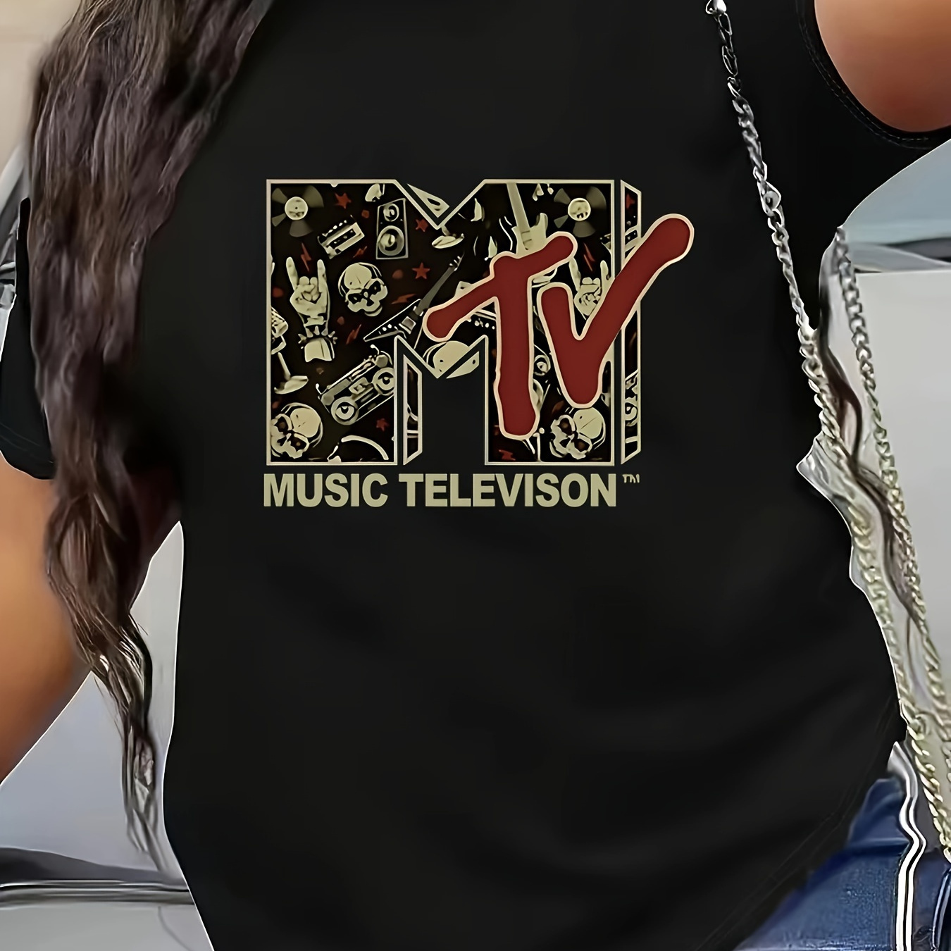 

Plus Size Mtv Graphic T-shirt With Skull Print - Casual Crew Neck Tee, Polyester And Elastane , Medium Stretch, Geometric Pattern, Knit Fabric, Applique Detail, Suitable For Spring/summer/fall