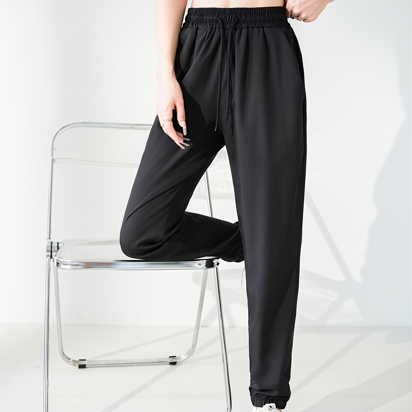 

Drawstring Waist Fitted Bottom Joggers, Casual Sporty Pants For Spring & Summer, Women's Clothing