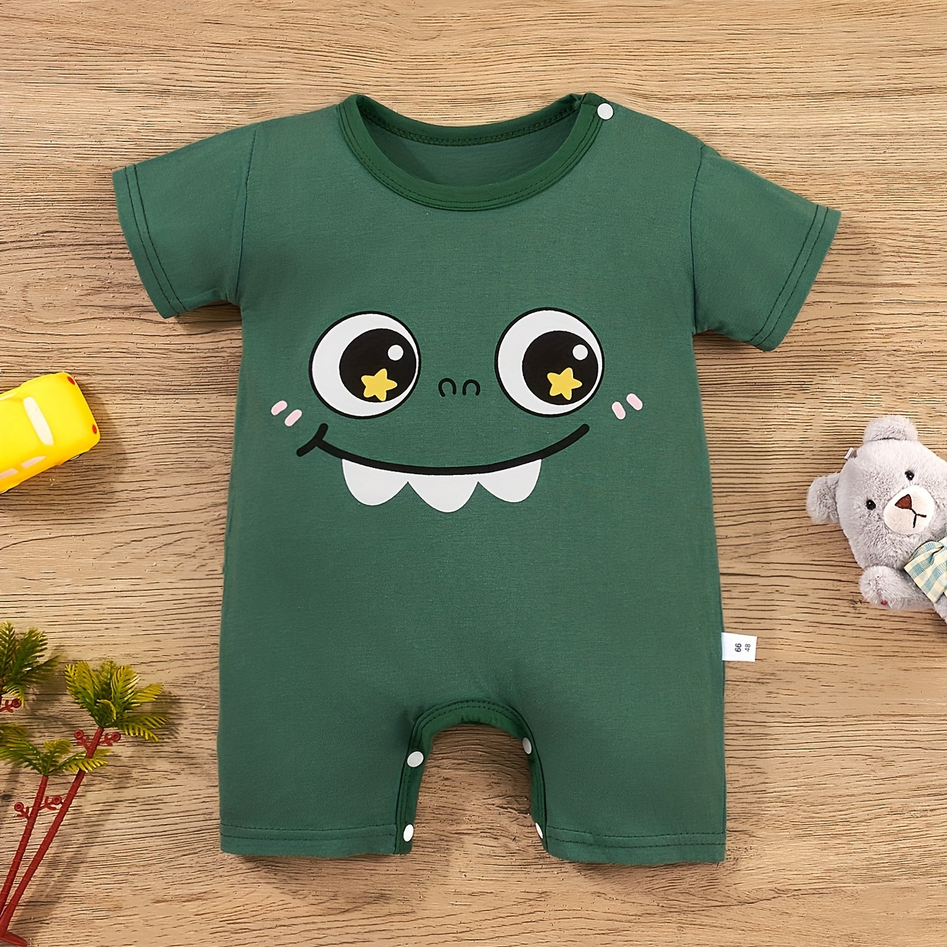 

Infant's Cartoon Happy Face Print Bodysuit, Casual Short Sleeve Onesie, Baby Boy's Clothing