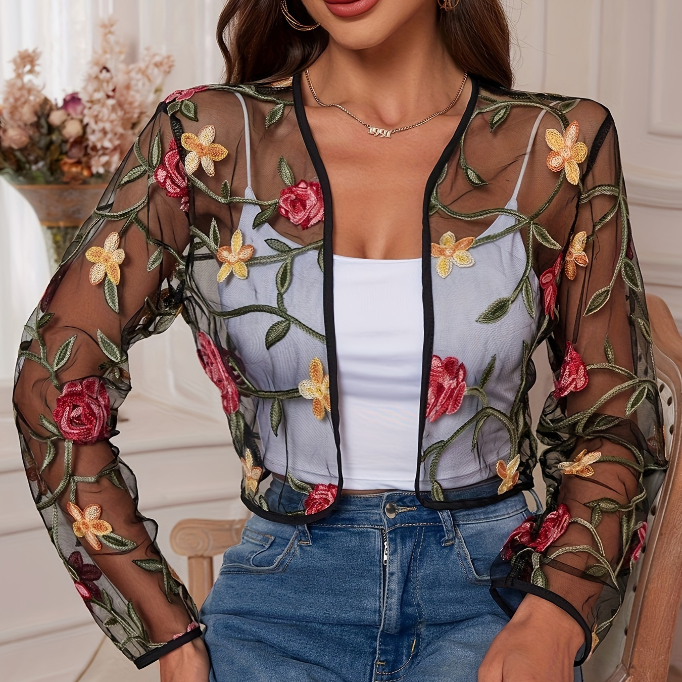 

Rose Mesh Embroidery Open Front Jacket, Casual Crew Neck Long Sleeve Crop Jacket For Spring & Fall, Women's Clothing